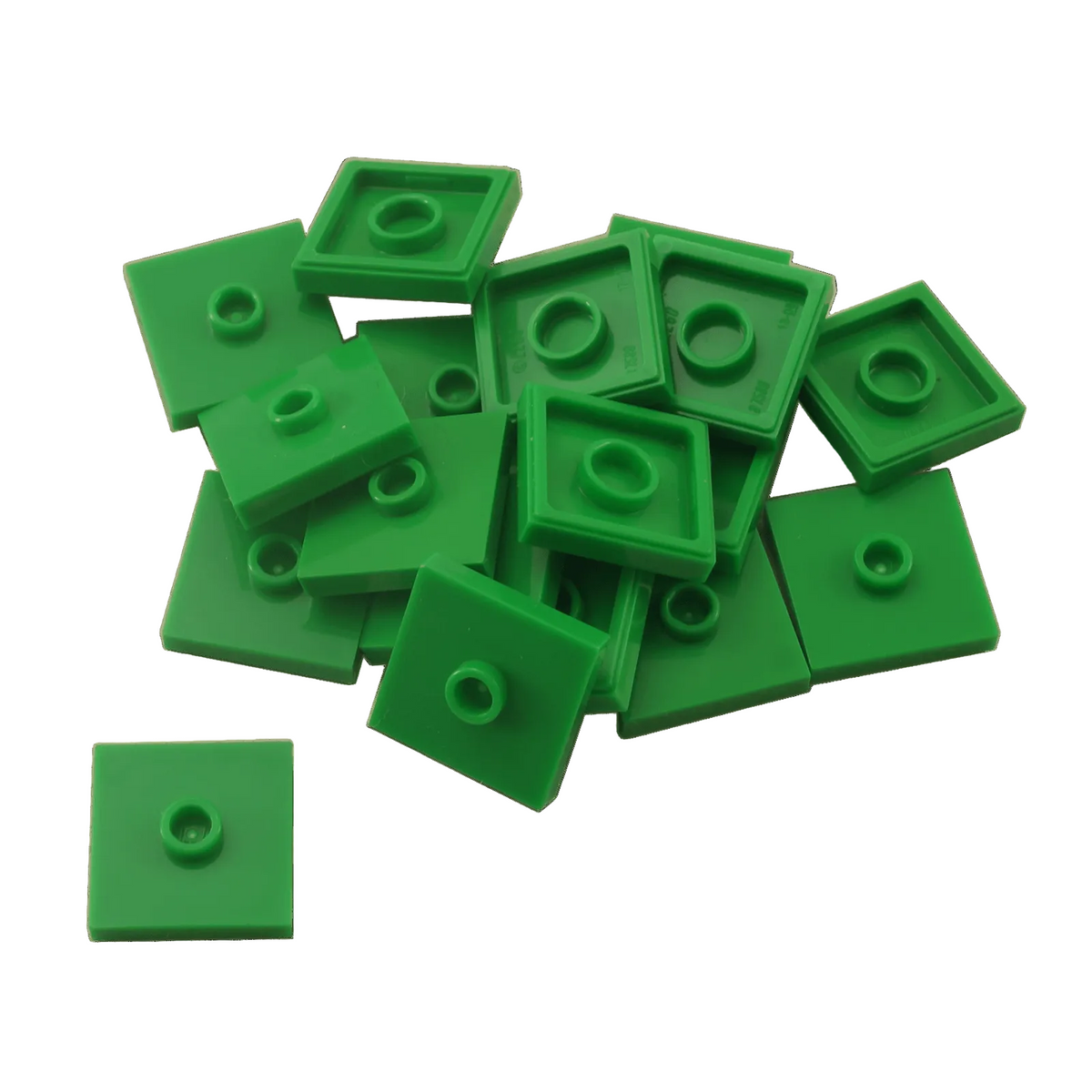 LEGO Plate Modified 2 x 2 with Groove and 1 Stud in Center part 87580 shown from top and underside bright green