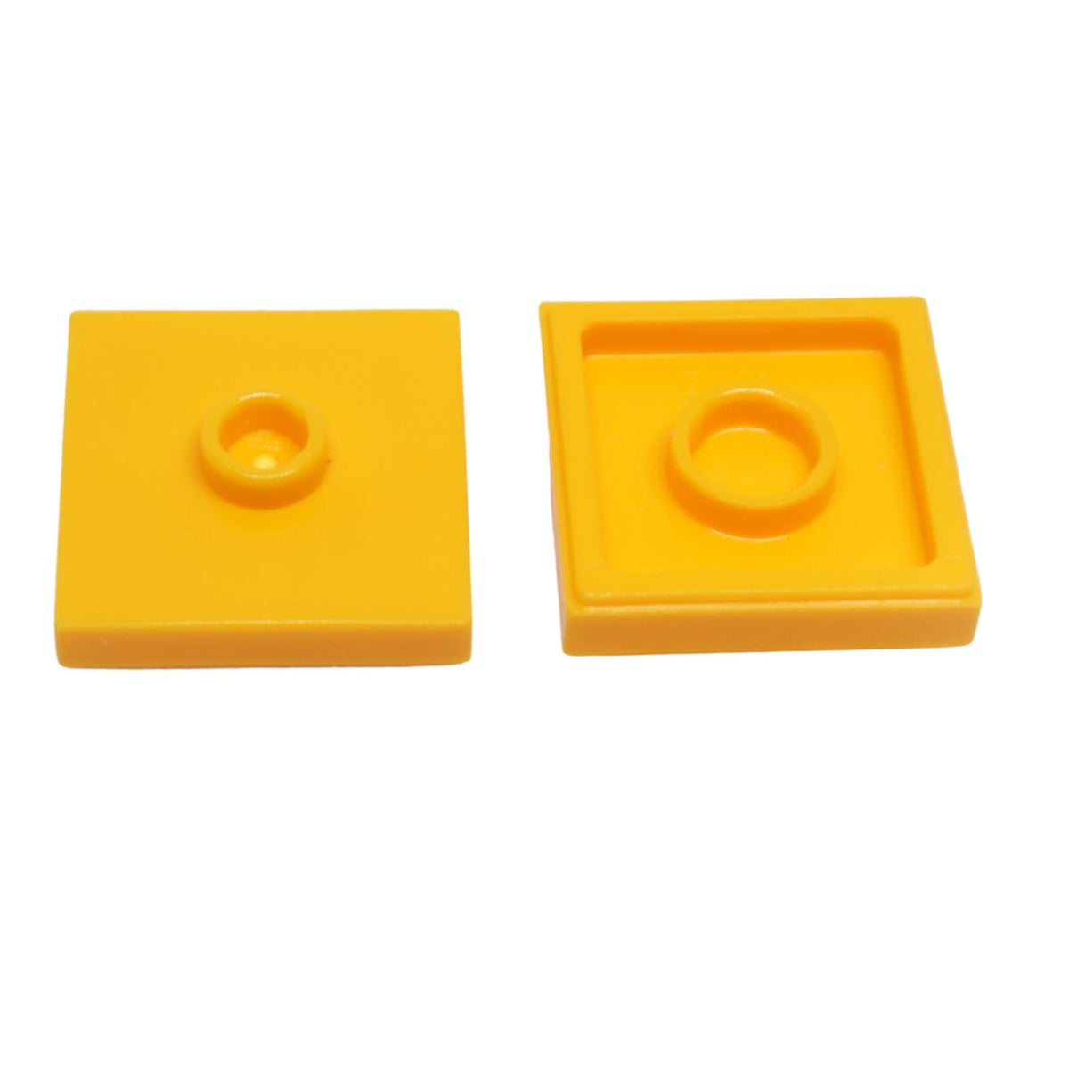 bright light orange LEGO Plate Modified 2 x 2 with Groove and 1 Stud in Center part 87580 shown from top and underside
