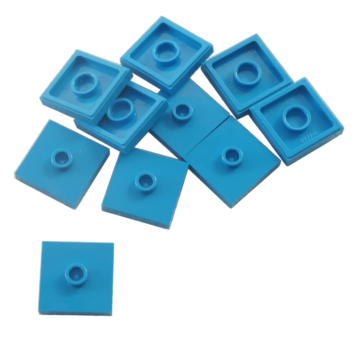 LEGO Plate Modified 2 x 2 with Groove and 1 Stud in Center part 87580 shown from top and underside medium azure