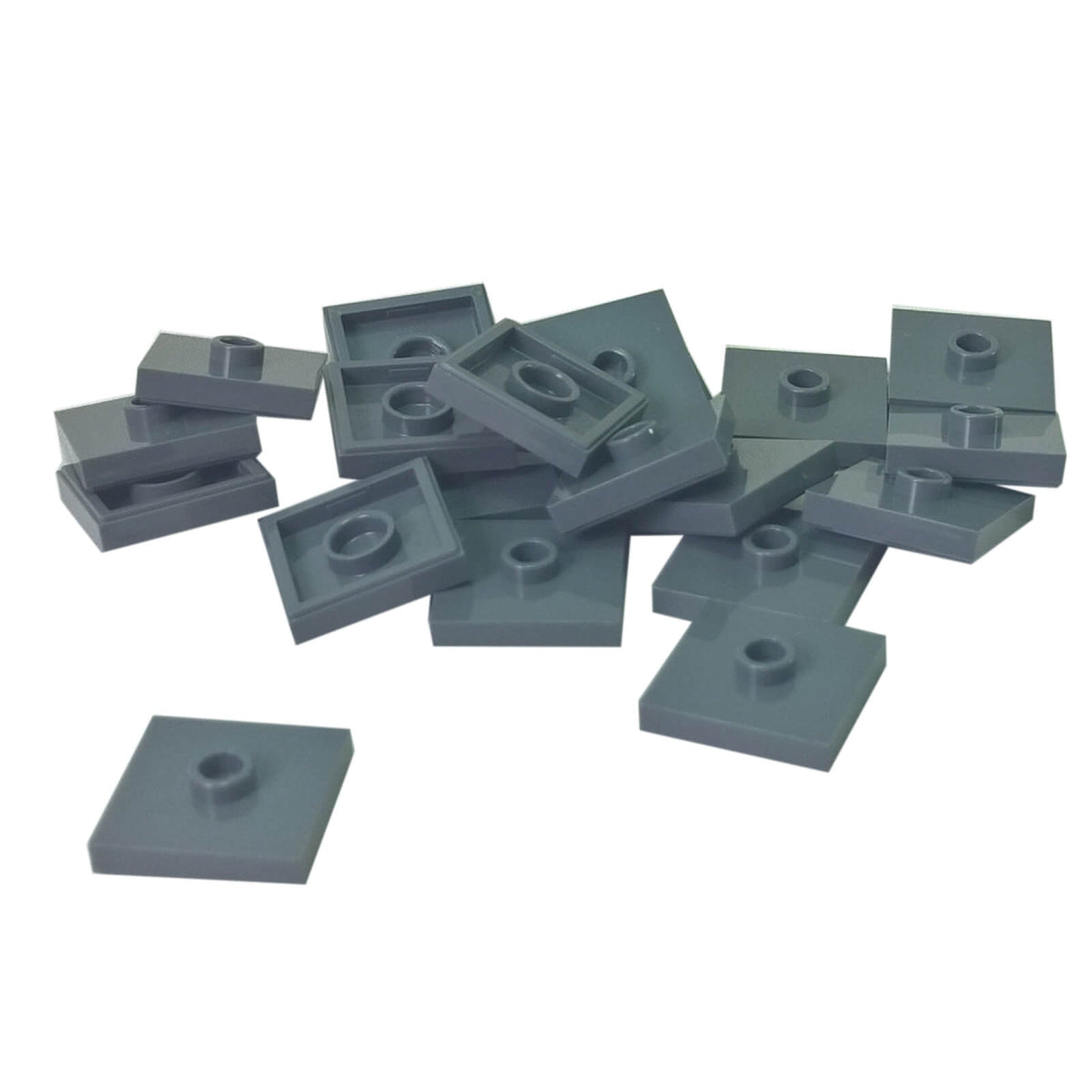 LEGO Plate Modified 2 x 2 with Groove and 1 Stud in Center part 87580 shown from top and underside dark bluish gray