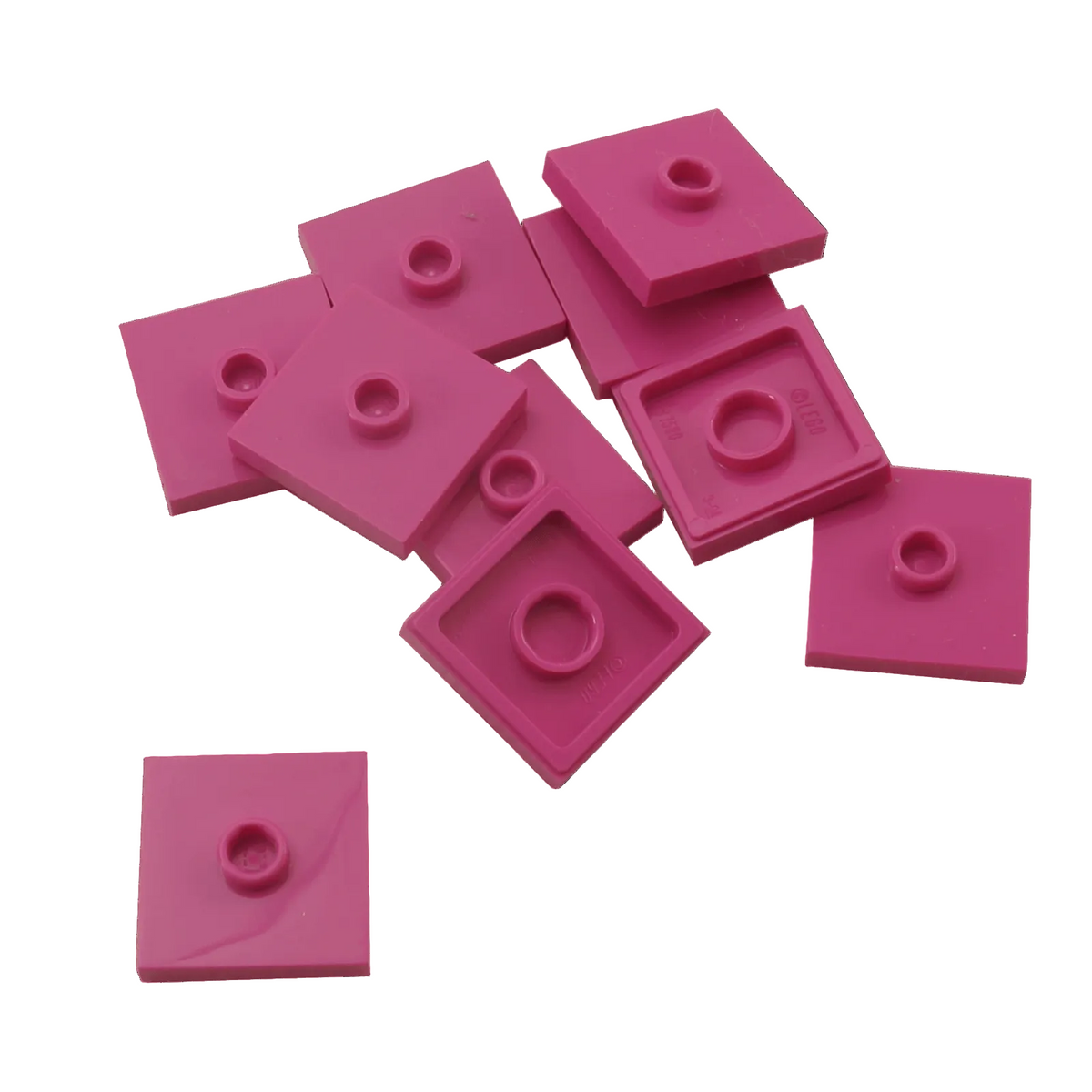 LEGO Plate Modified 2 x 2 with Groove and 1 Stud in Center part 87580 shown from top and underside dark pink