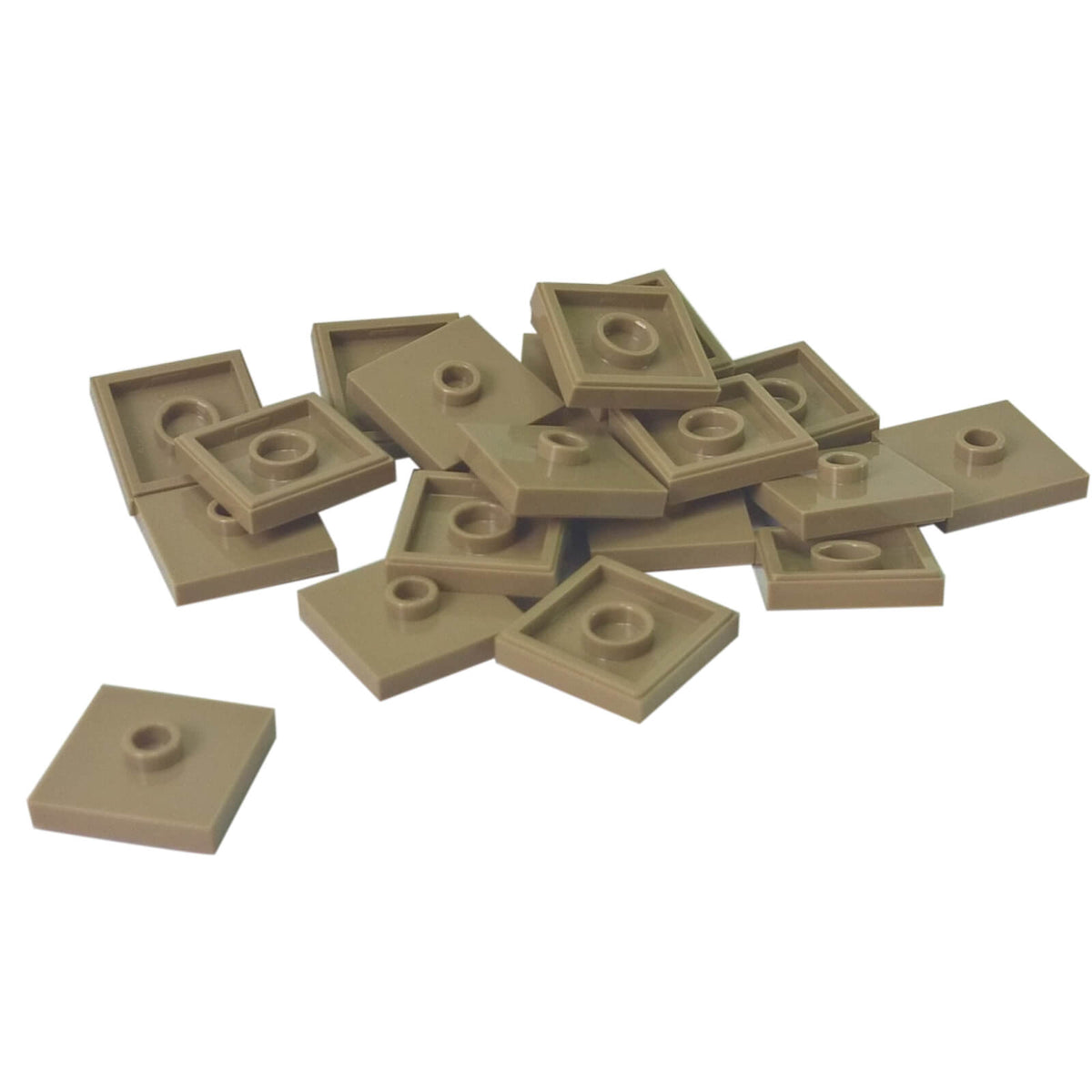 LEGO Plate Modified 2 x 2 with Groove and 1 Stud in Center part 87580 shown from top and underside dark tan