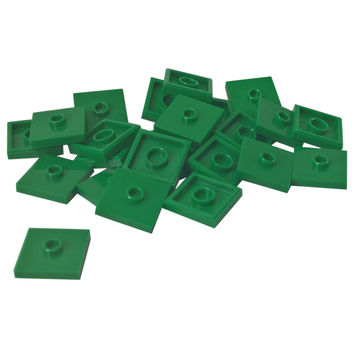 LEGO Plate Modified 2 x 2 with Groove and 1 Stud in Center part 87580 shown from top and underside green