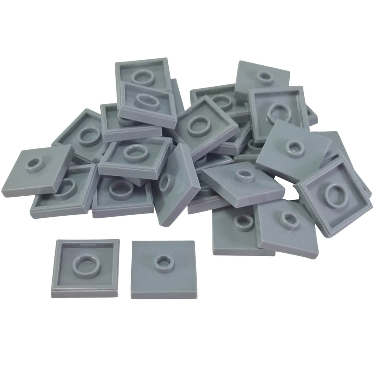 Light bluish gray LEGO Plate Modified 2 x 2 with Groove and 1 Stud in Center part 87580 shown from top and underside