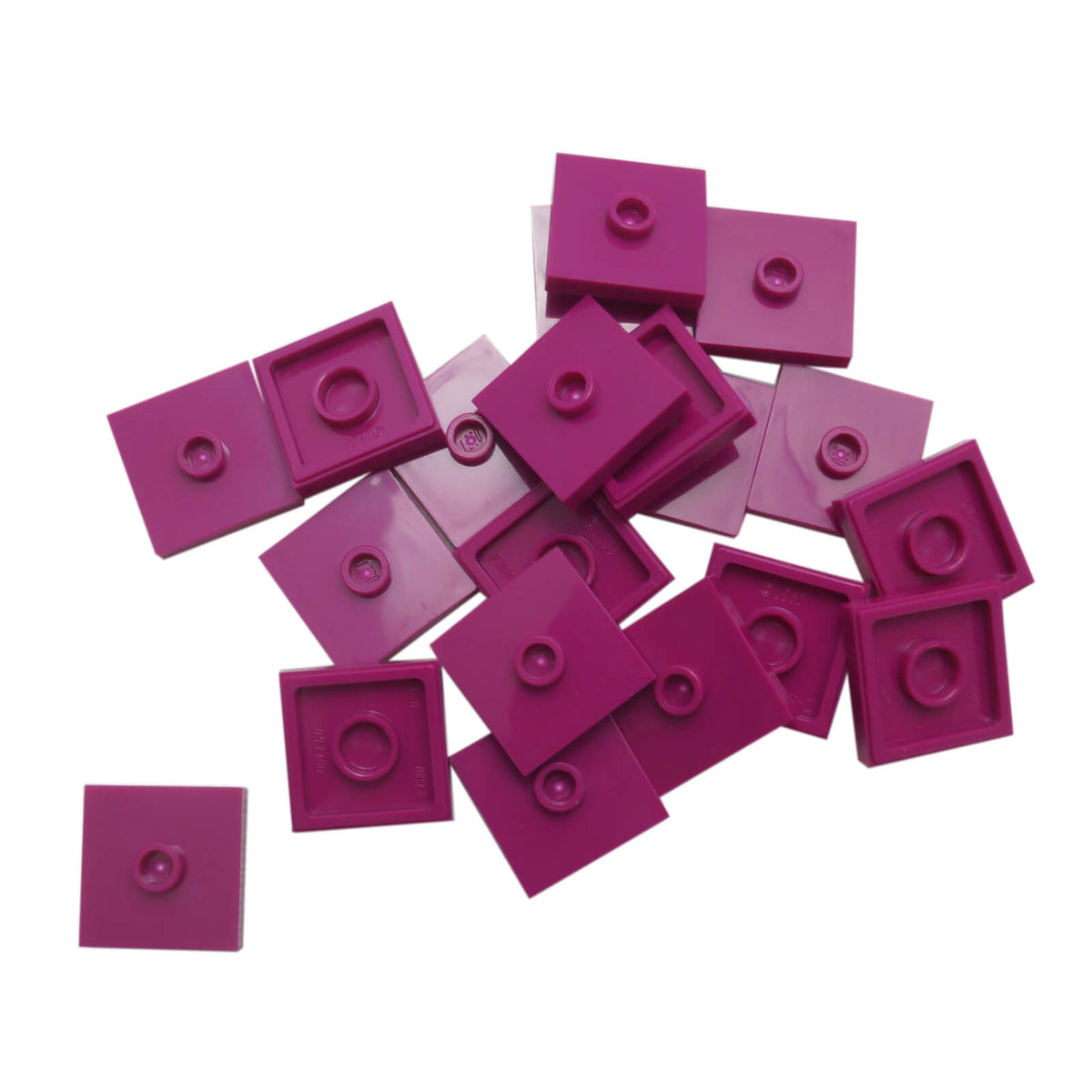 LEGO Plate Modified 2 x 2 with Groove and 1 Stud in Center part 87580 shown from top and underside magenta