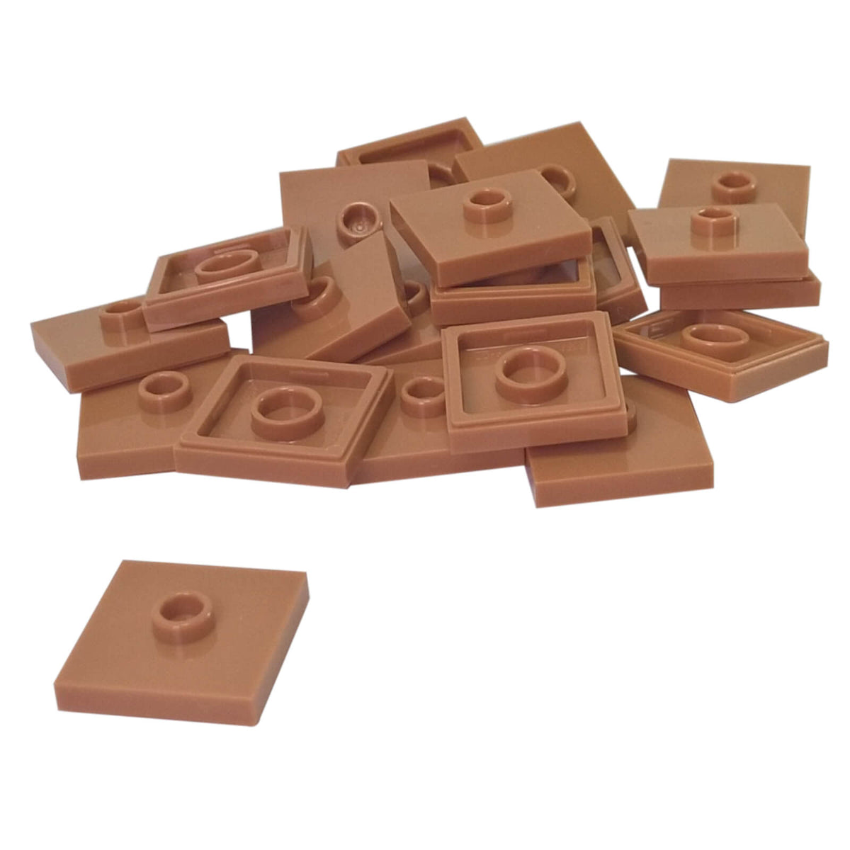 LEGO Plate Modified 2 x 2 with Groove and 1 Stud in Center part 87580 shown from top and underside medium nougat
