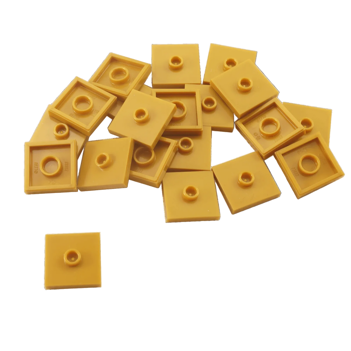 LEGO Plate Modified 2 x 2 with Groove and 1 Stud in Center part 87580 shown from top and underside pearl gold