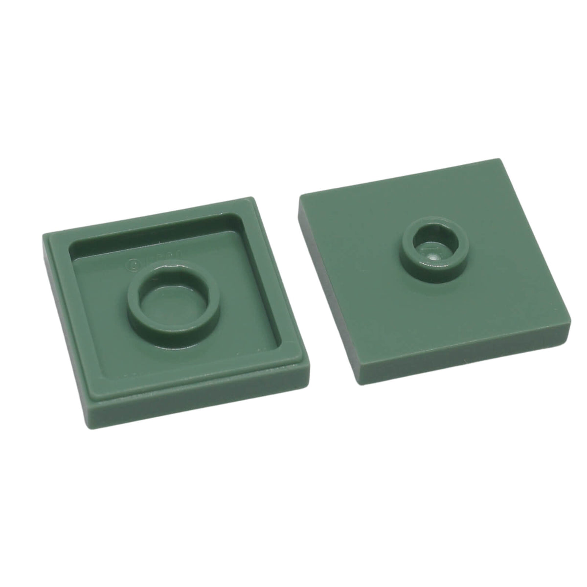 sand green LEGO Plate Modified 2 x 2 with Groove and 1 Stud in Center part 87580 shown from top and underside