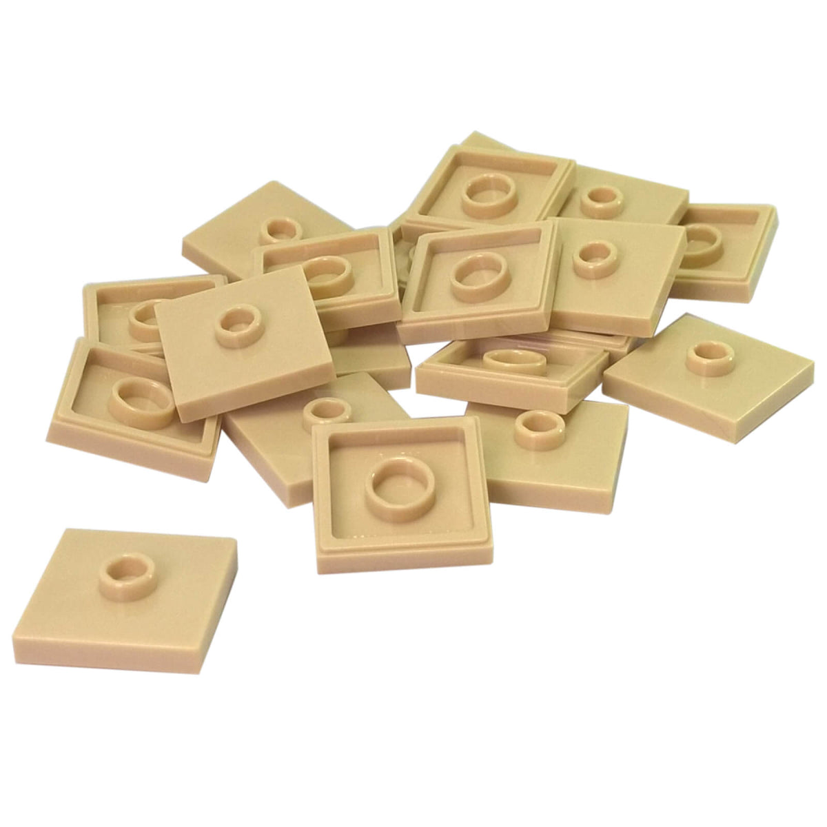 LEGO Plate Modified 2 x 2 with Groove and 1 Stud in Center part 87580 shown from top and underside tan