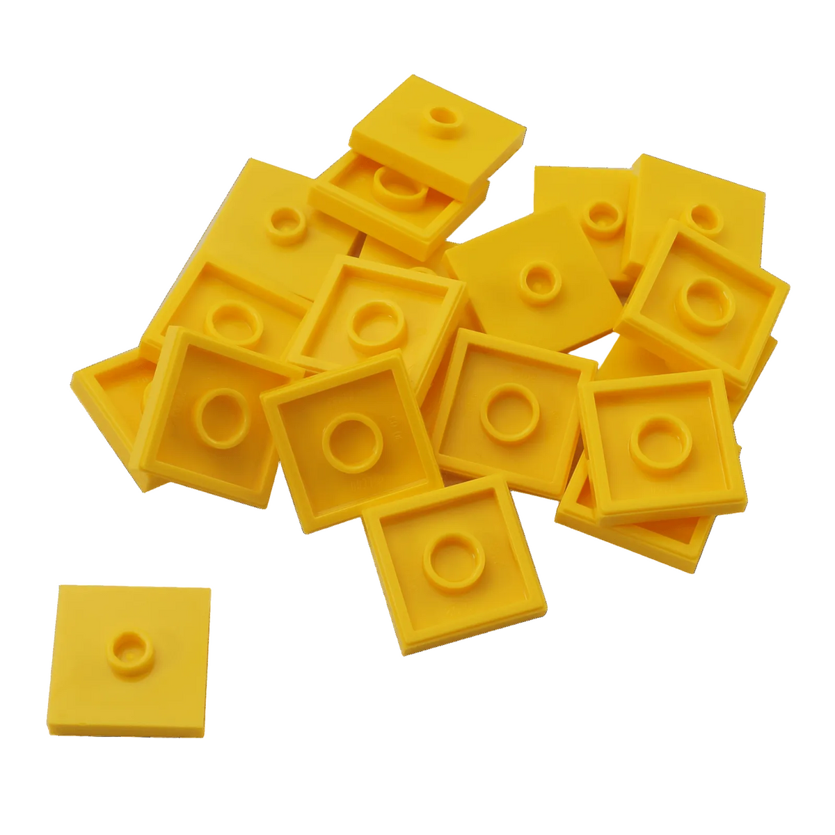 LEGO Plate Modified 2 x 2 with Groove and 1 Stud in Center part 87580 shown from top and underside yellow