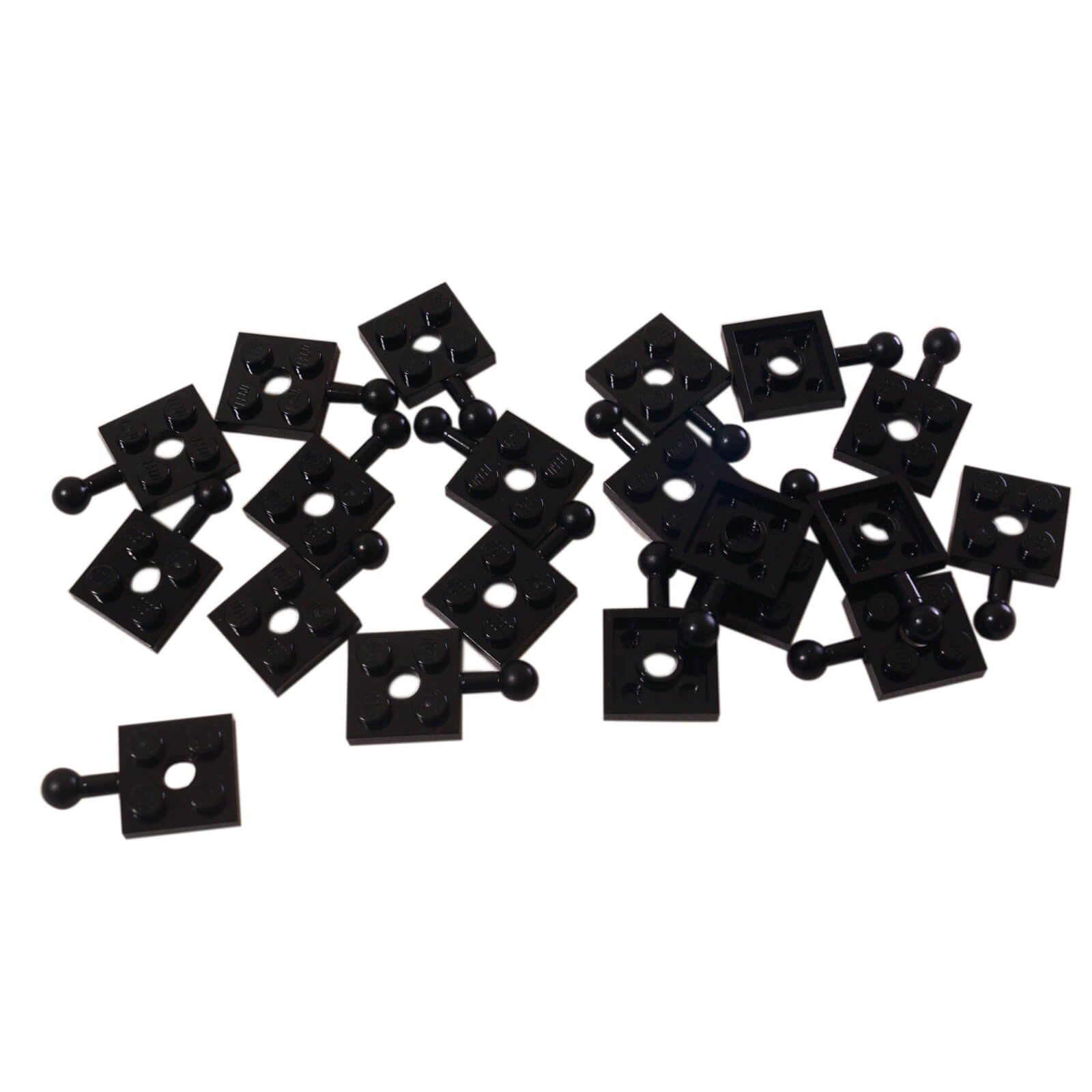LEGO® piastretta modificata 2 x 2 con pallino e foro in nero, utilizzata per giunti e costruzioni articolate
