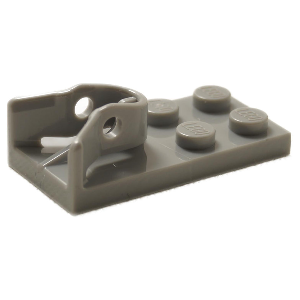 A light bluish gray LEGO modified 2x4 plate with a tow ball socket on top.