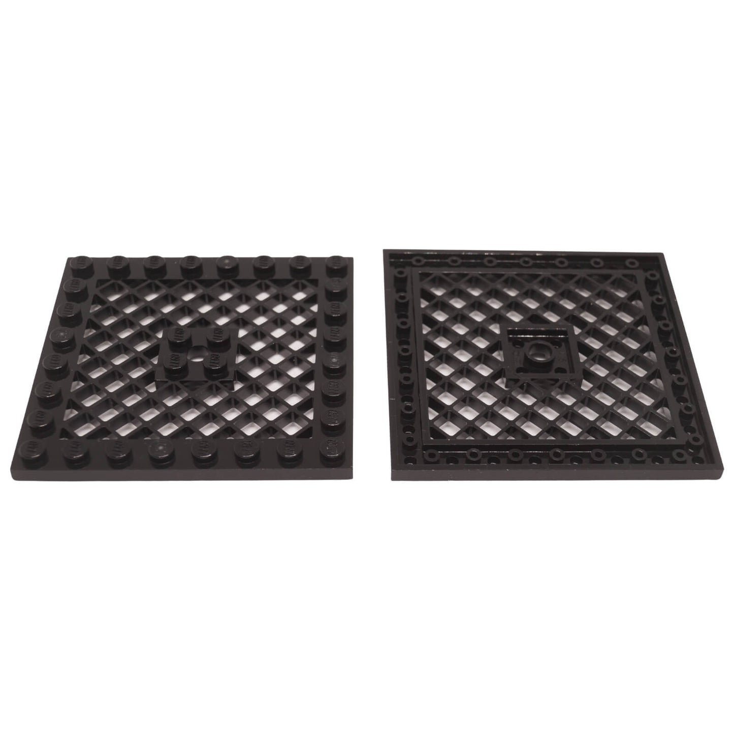Black modified 8x8 plate with grille pattern and center hole, large structural element for vents or platforms
