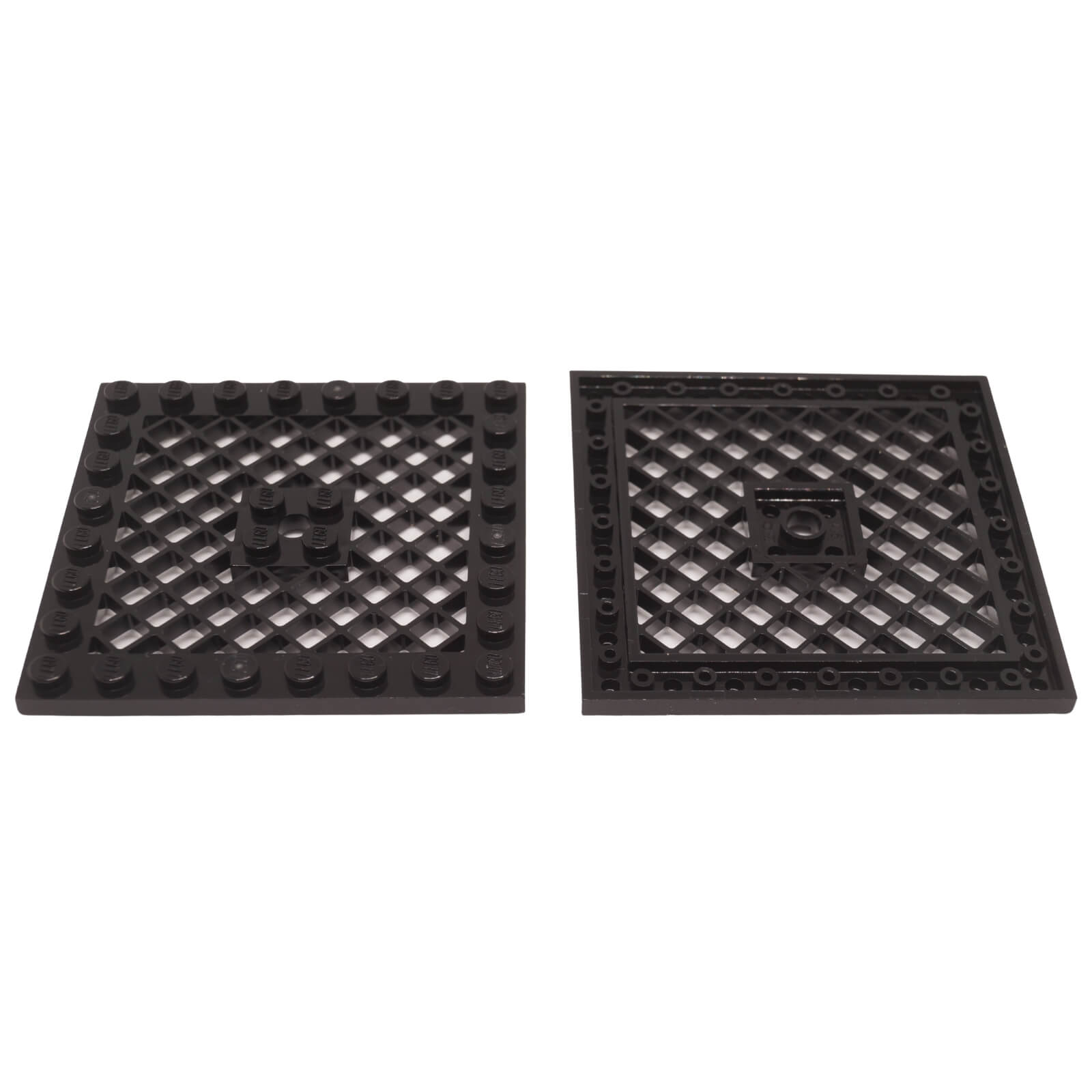 Black modified 8x8 plate with grille pattern and center hole, large structural element for vents or platforms
