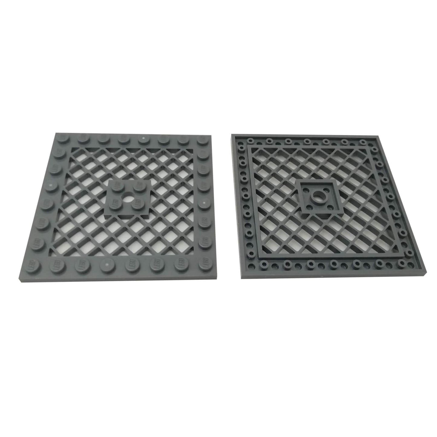 Dark bluish gray modified 8x8 plate with grille pattern and center hole, large structural element for vents or platforms
