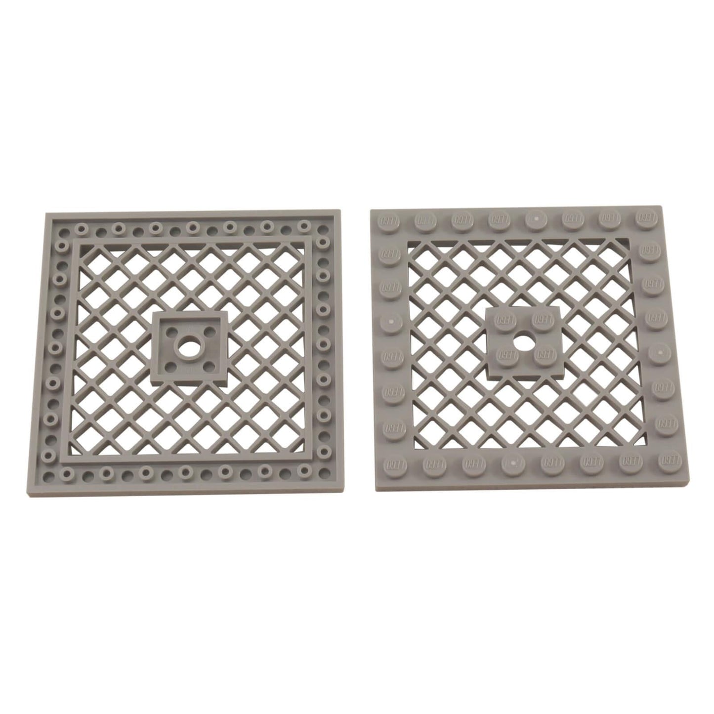 Light bluish gray modified 8x8 plate with grille pattern and center hole, large structural element for vents or platforms
