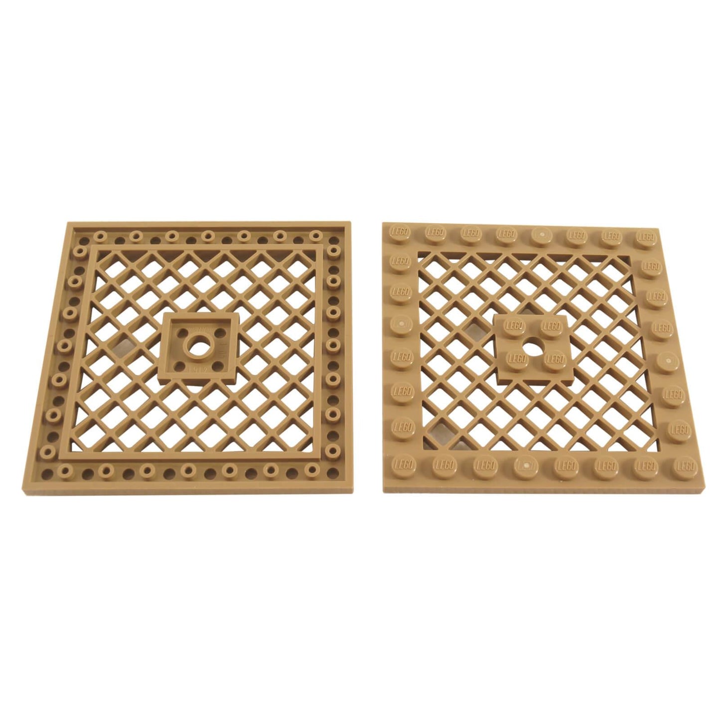 Tan modified 8x8 plate with grille pattern and center hole, large structural element for vents or platforms
