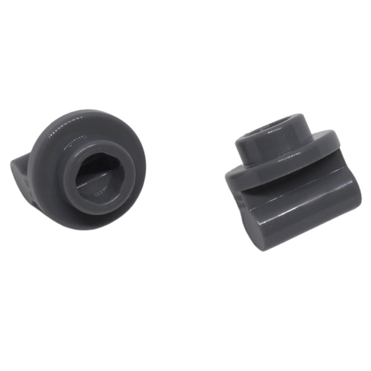 Dark bluish grey LEGO Plate Round 1 x 1 with Bar Handle Long Stem part 79194 shown from front and angled views