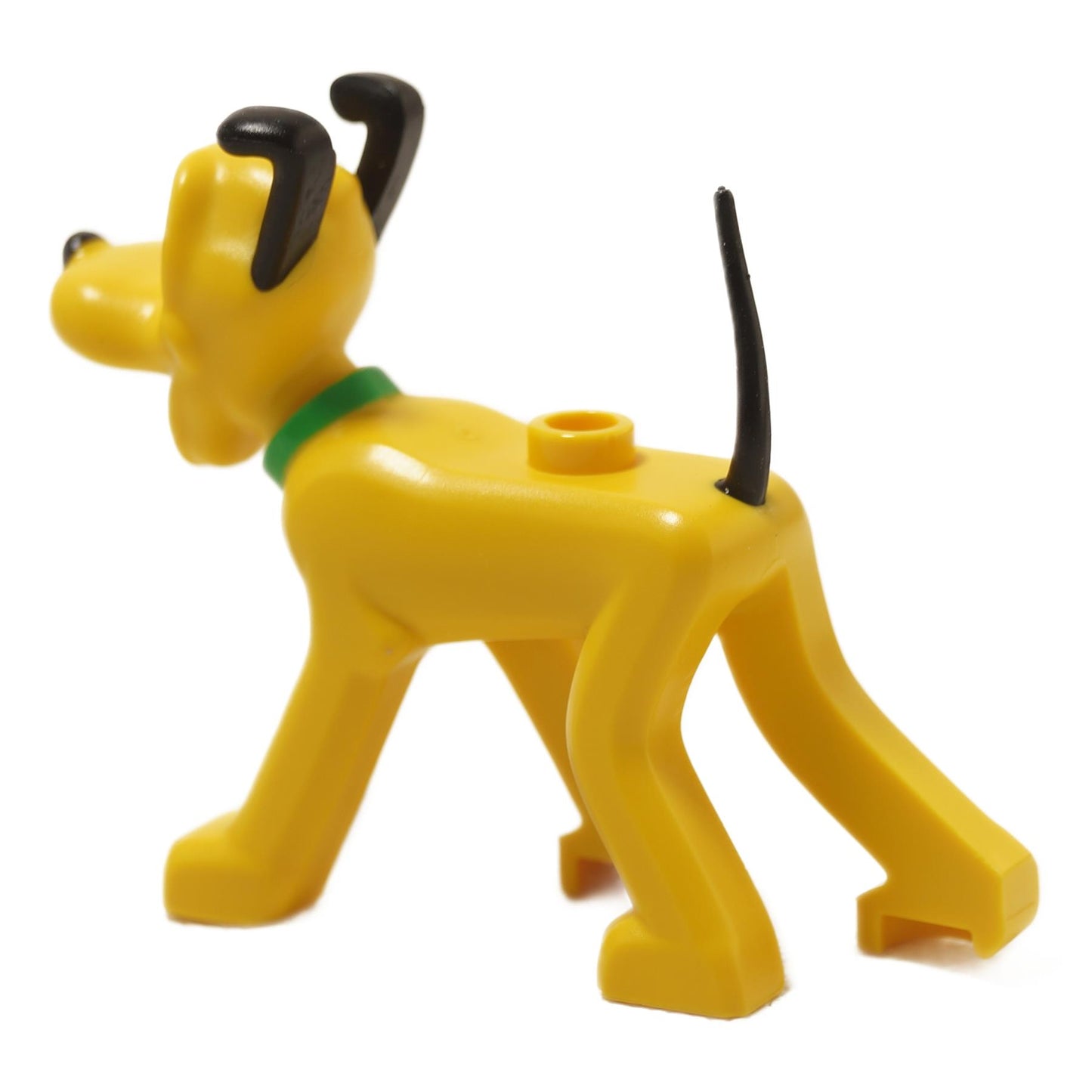 Yellow Pluto dog figure back view with green collar black ears and tail
