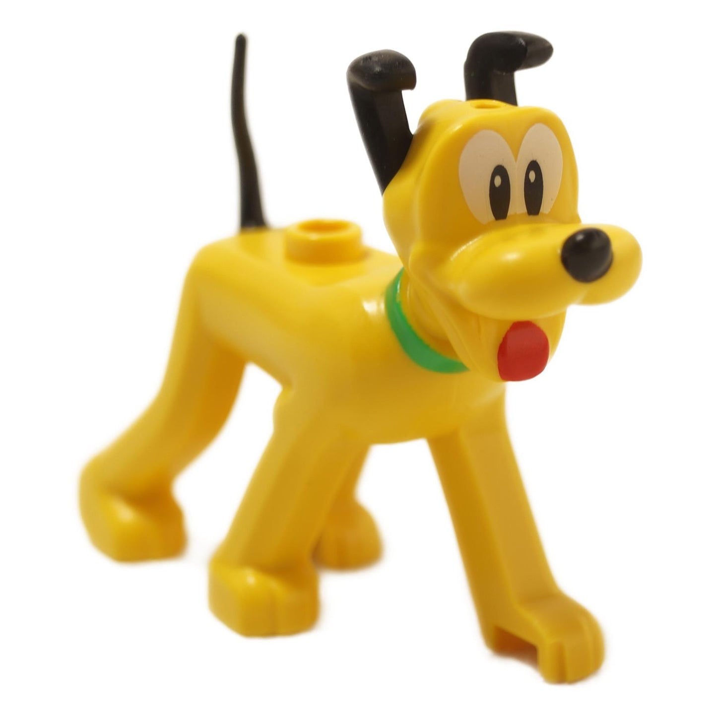 Yellow dog Pluto figure with bright green collar red tongue black ears and tail
