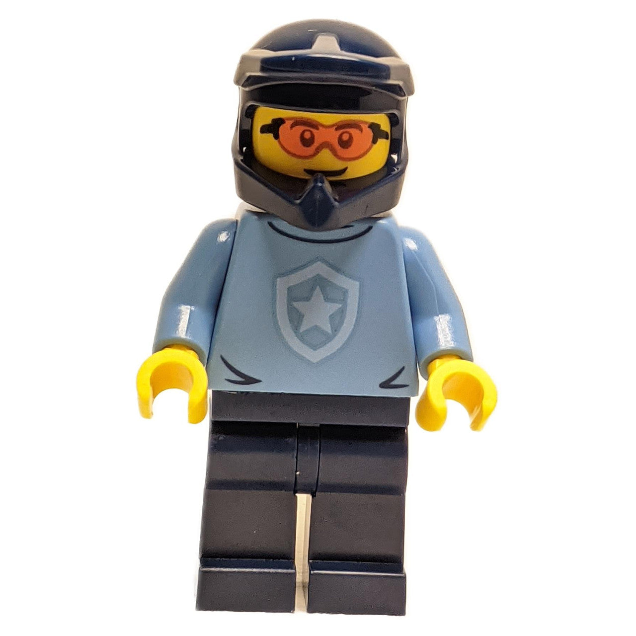 LEGO Police Officer cty1570 in blue shirt with badge and dirt bike helmet.