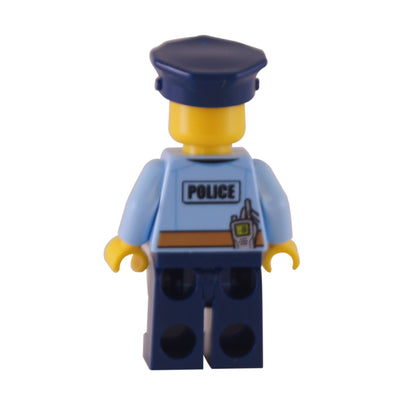 Back view of LEGO® City police officer minifigure cty0778 showing light blue uniform with POLICE print and radio on utility belt
