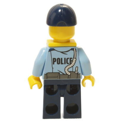LEGO® City police officer minifigure back view with POLICE life jacket print and dark blue cap close-up