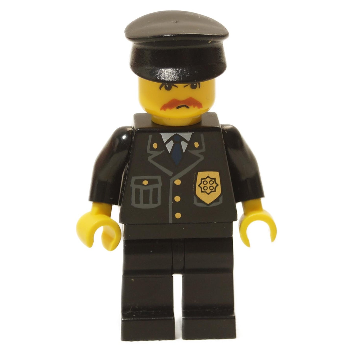 LEGO minifigure representing a police officer in a black suit with a blue tie and a gold badge, wearing a black police cap.
