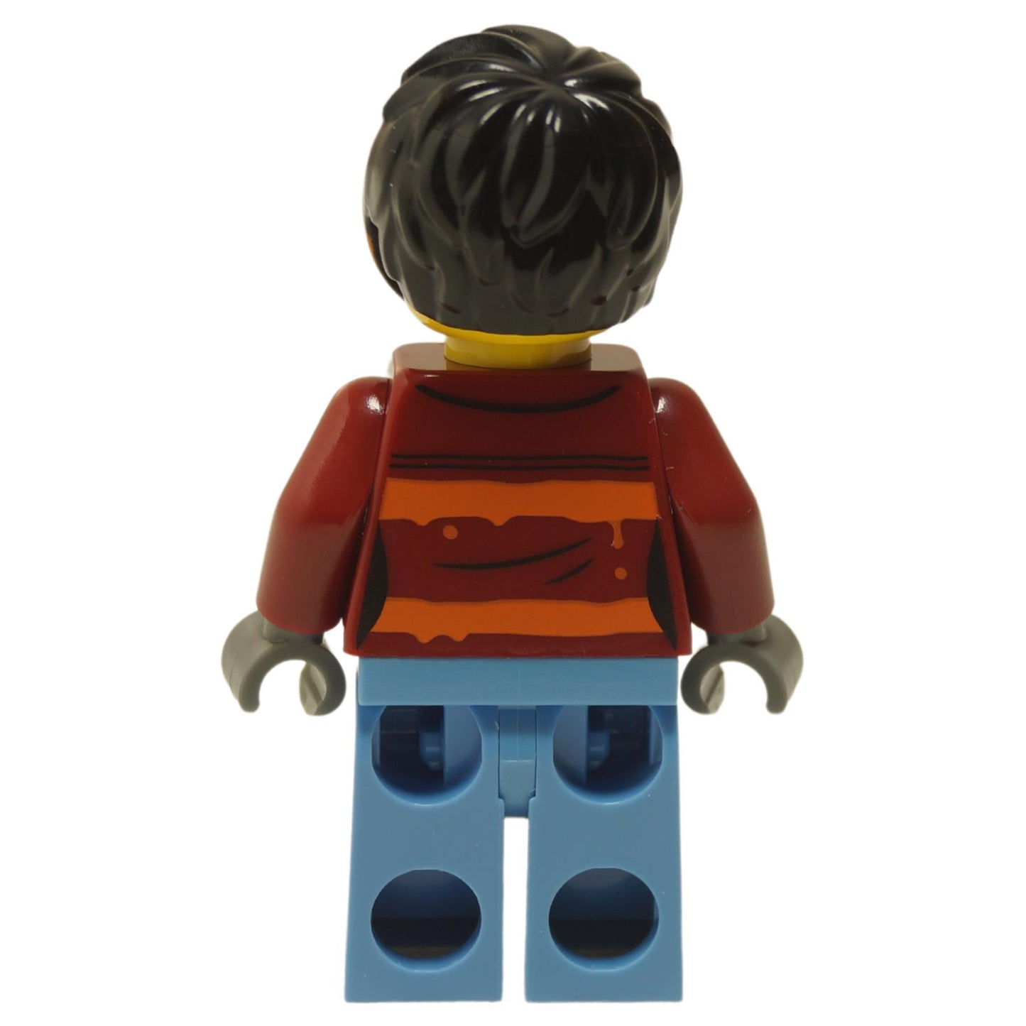 Back view of Daisy Kaboom female police crook minifigure with dark red torso and bright light blue legs