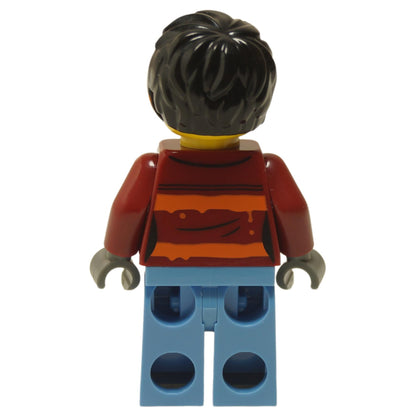Back view of Daisy Kaboom female police crook minifigure with dark red torso and bright light blue legs