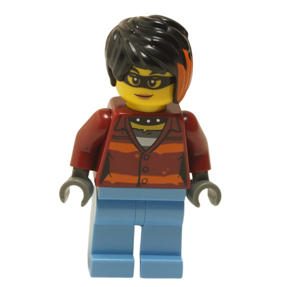 LEGO minifigure of a female crook with a dark red torso with orange stripes, bright light blue legs, and a black and red hairstyle.