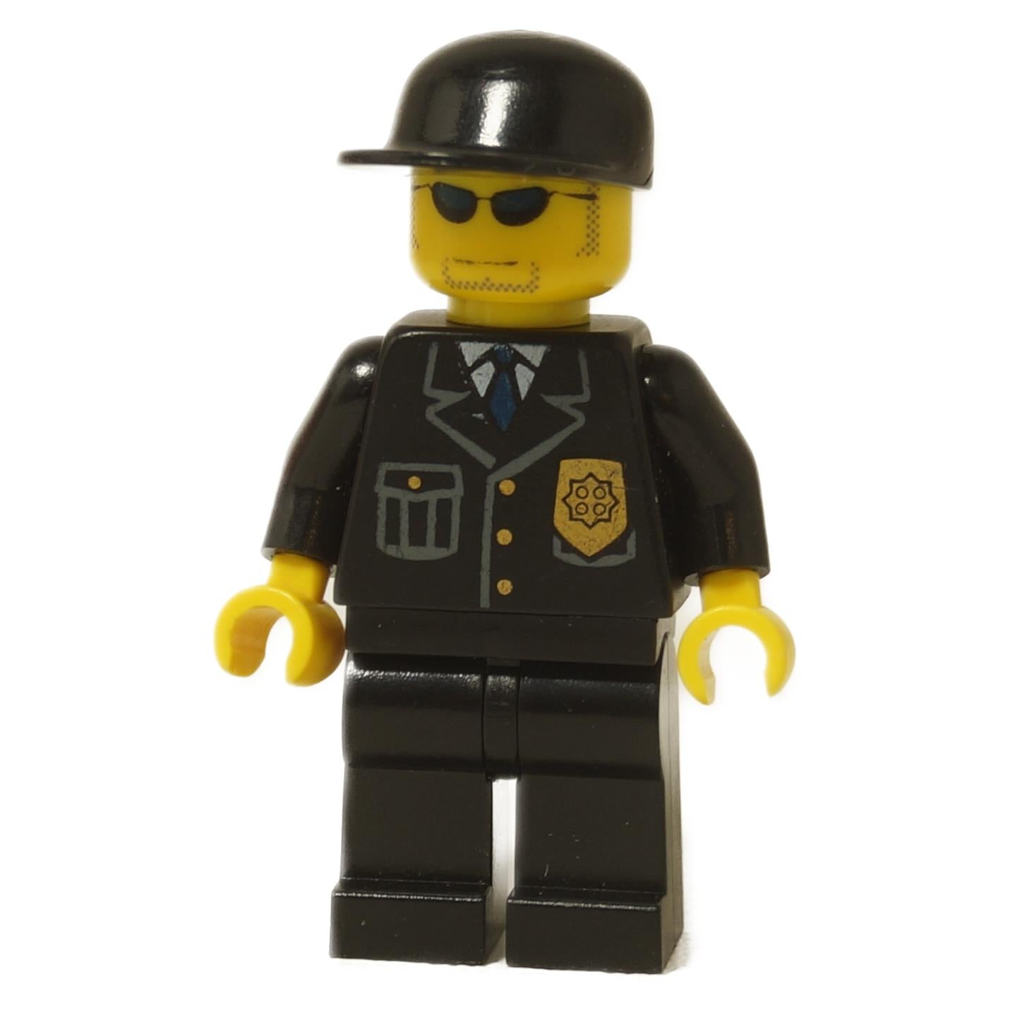 LEGO City Police Officer minifigure (cty0106) wearing a black suit, black cap, and sunglasses with a stubble beard print.