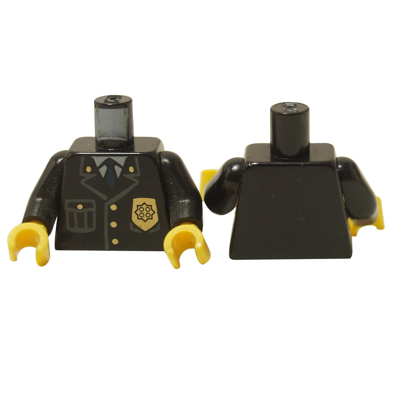 LEGO® police torso 973px431c01 shown front and back with blue tie, front pocket, gold badge, black arms and yellow hands