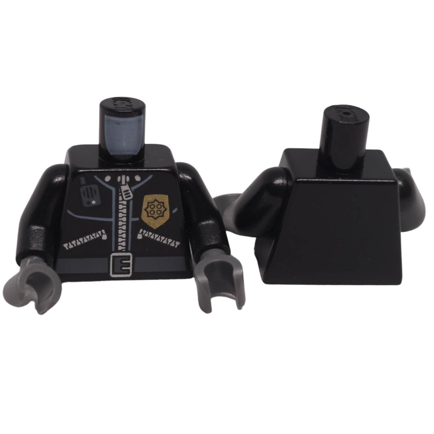 LEGO® police torso 973pb0261c01 shown front and back with black arms, dark bluish gray hands, gold badge, radio and belt print