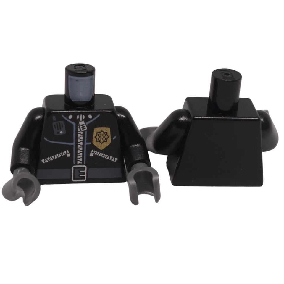 LEGO® police torso 973pb0261c01 shown front and back with black arms, dark bluish gray hands, gold badge, radio and belt print