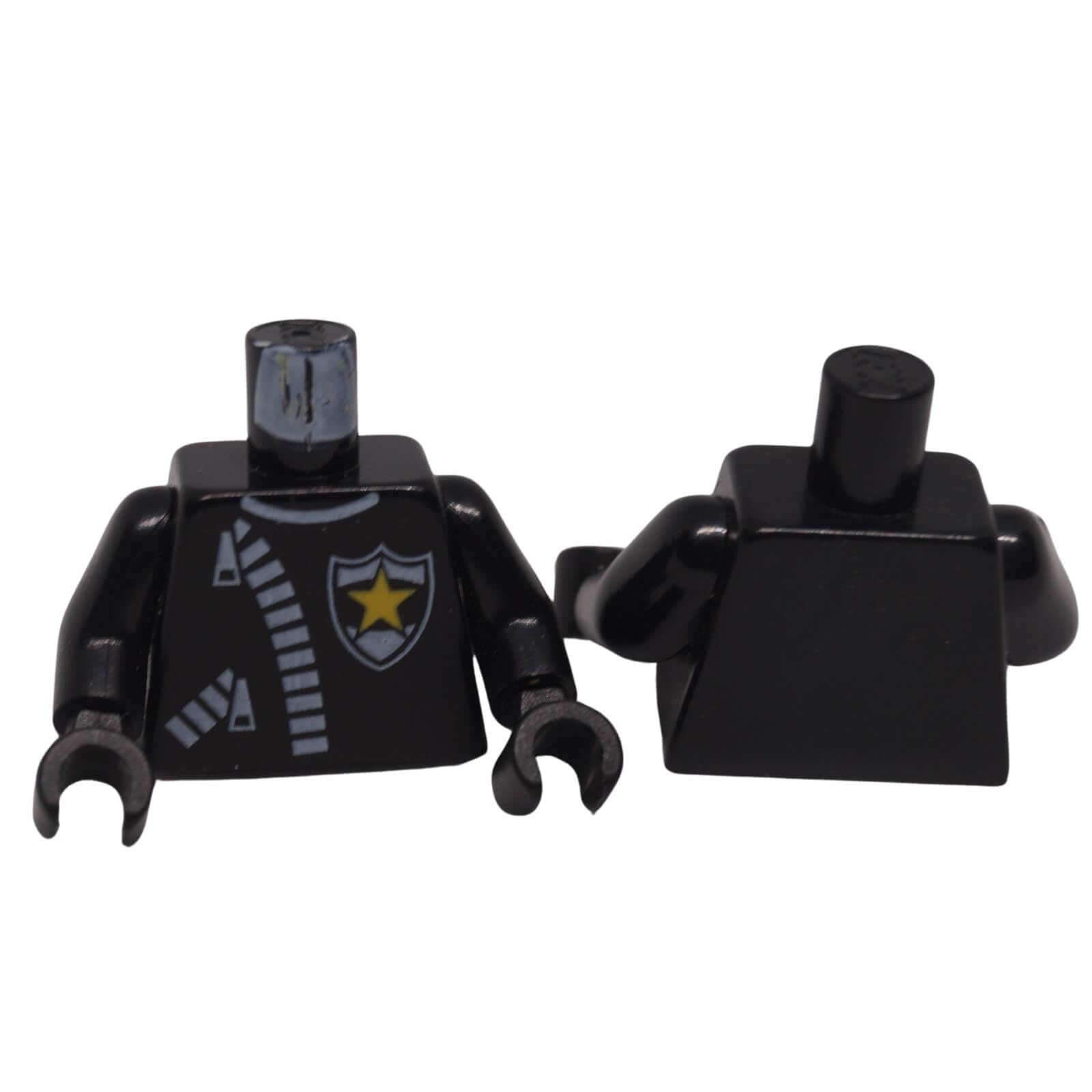 LEGO® police torso 973px9c01 shown front and back with leather jacket print, thick white zipper details and yellow star badge