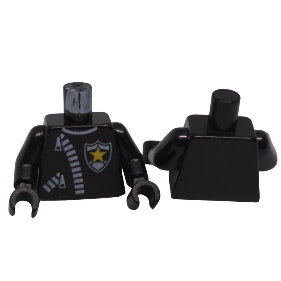 LEGO® police torso 973px9c01 shown front and back with leather jacket print, thick white zipper details and yellow star badge