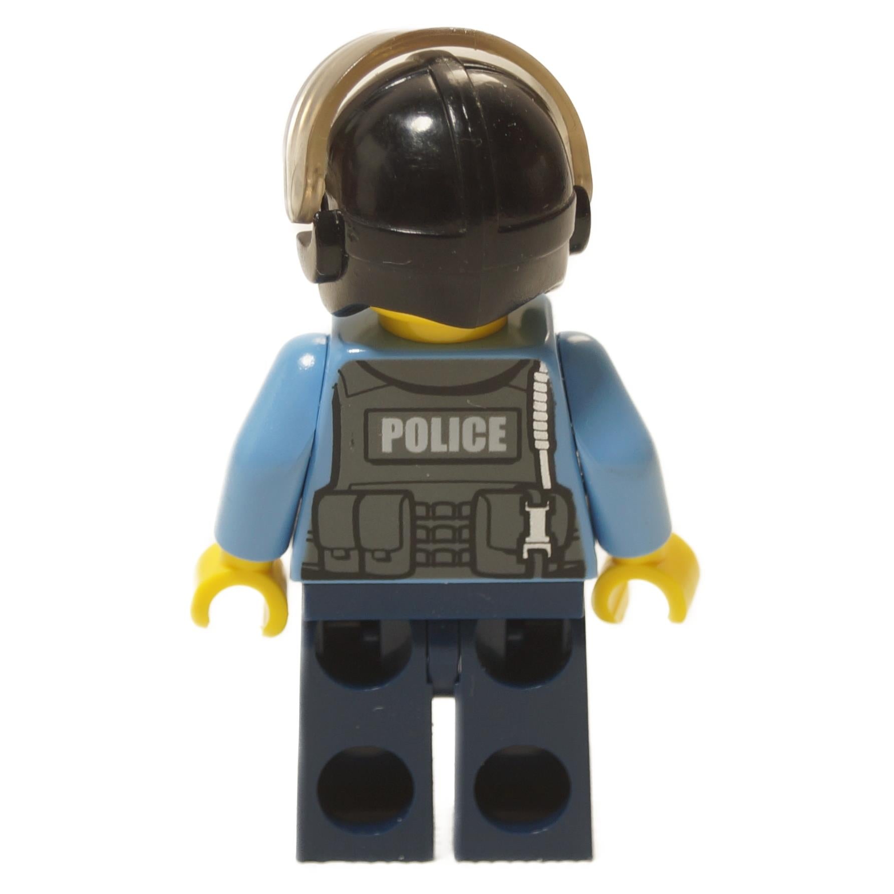 LEGO® City Undercover Elite Police Officer 3 minifigure back view with POLICE vest print and helmet close-up