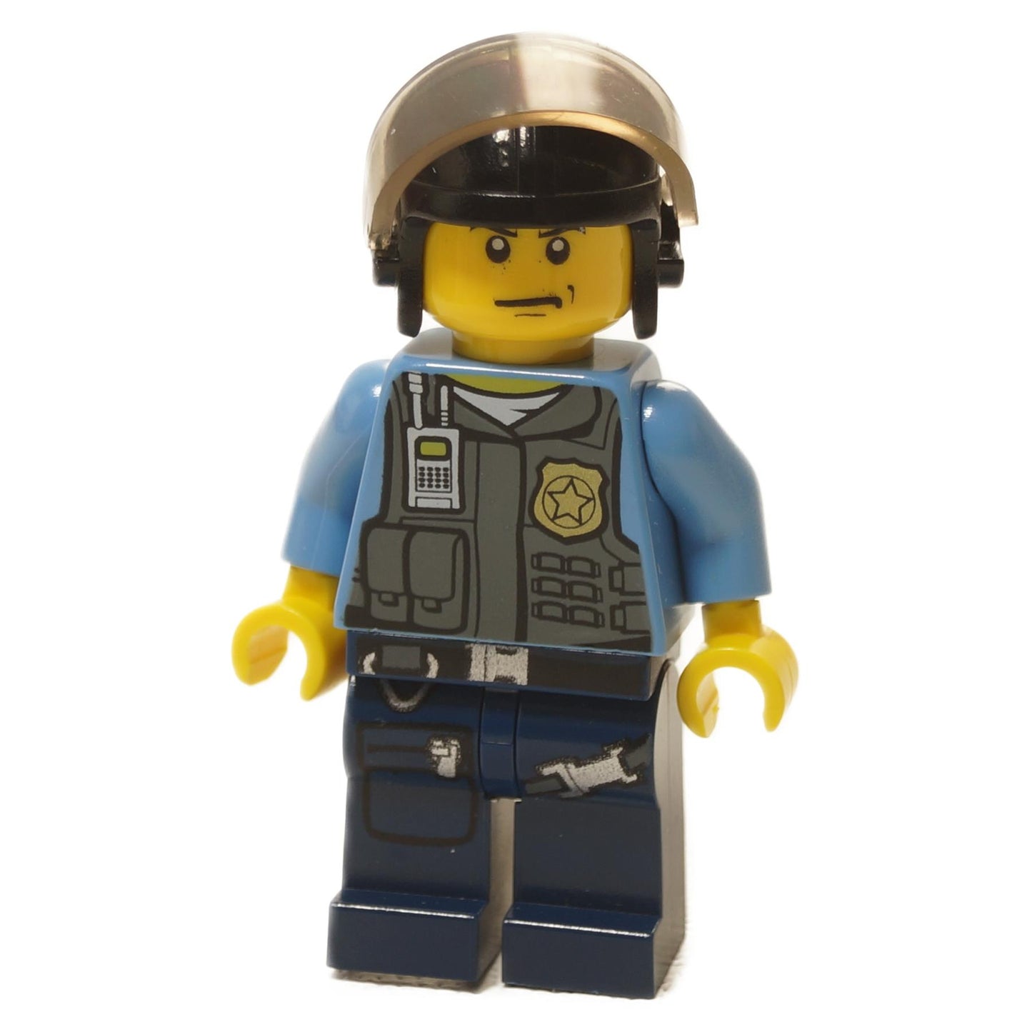 LEGO® City Undercover Elite Police Officer 3 minifigure with tactical vest, badge print and helmet with visor close-up view