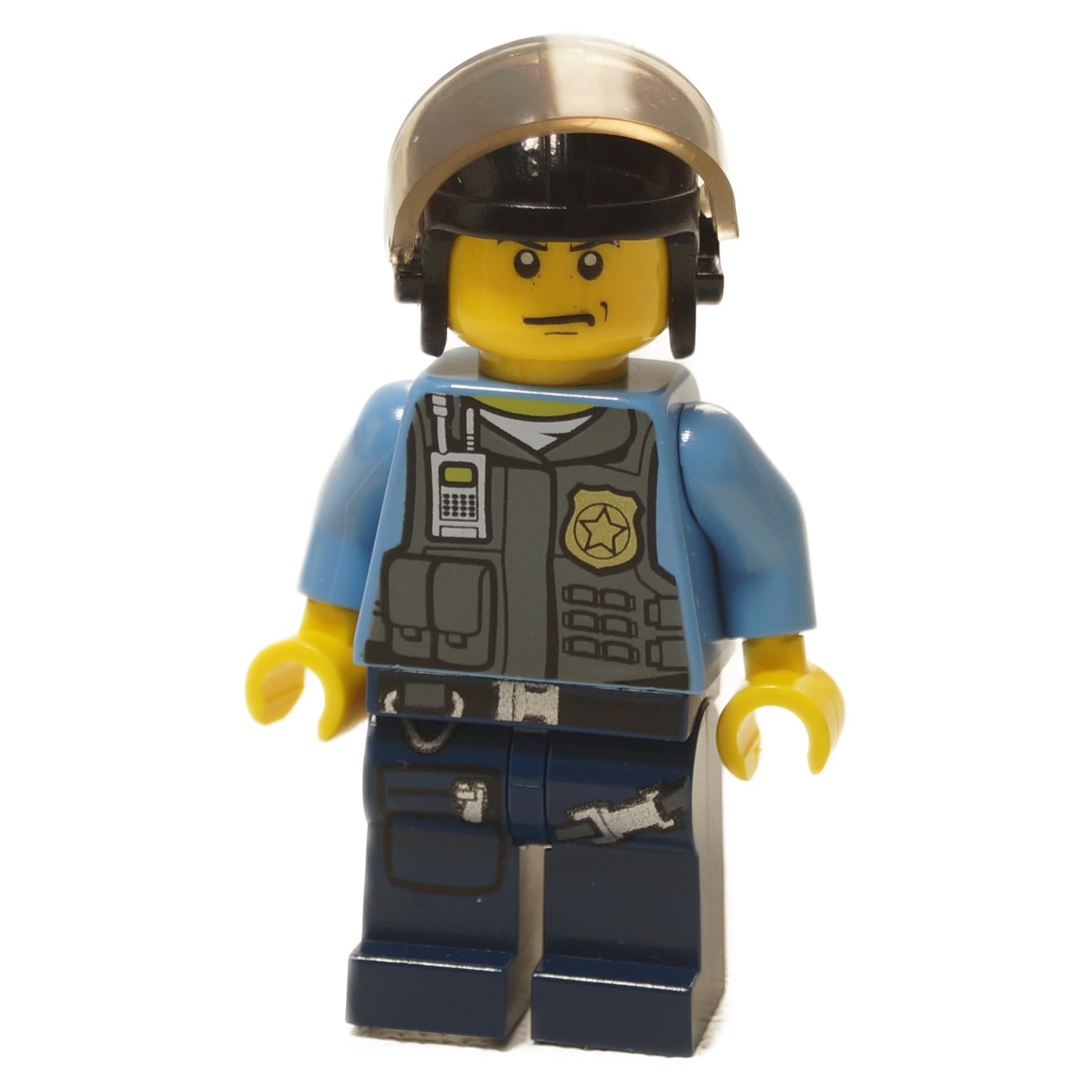 LEGO® City Undercover Elite Police Officer 3 minifigure with tactical vest, badge print and helmet with visor close-up view