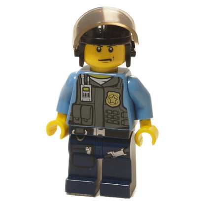 LEGO® City Undercover Elite Police Officer 3 minifigure with tactical vest, badge print and helmet with visor close-up view