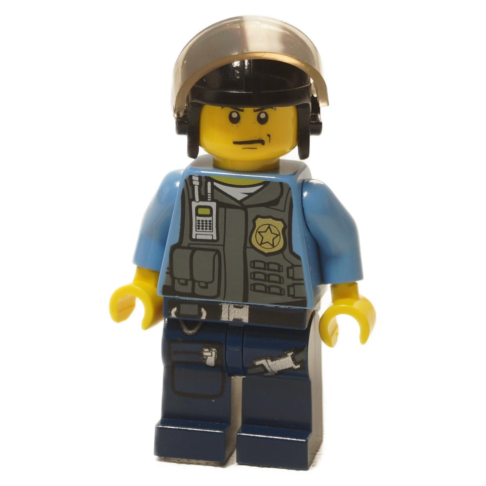 LEGO® City Undercover Elite Police Officer 3 minifigure with tactical vest, badge print and helmet with visor close-up view