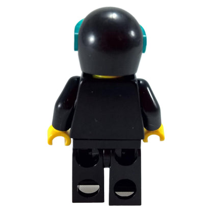 Police minifigure with zipper badge black legs helmet and trans light blue visor, back profile view.