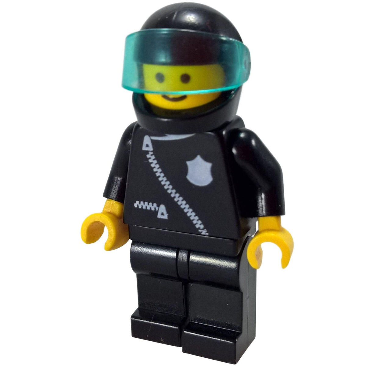 Police minifigure with zipper badge black legs helmet and trans light blue visor