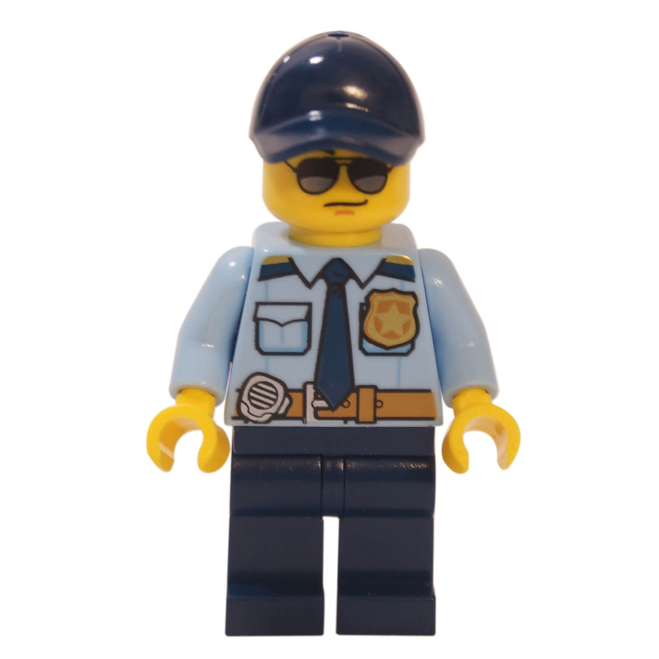 LEGO police officer cty0981 with sunglasses, dark blue cap and light blue uniform