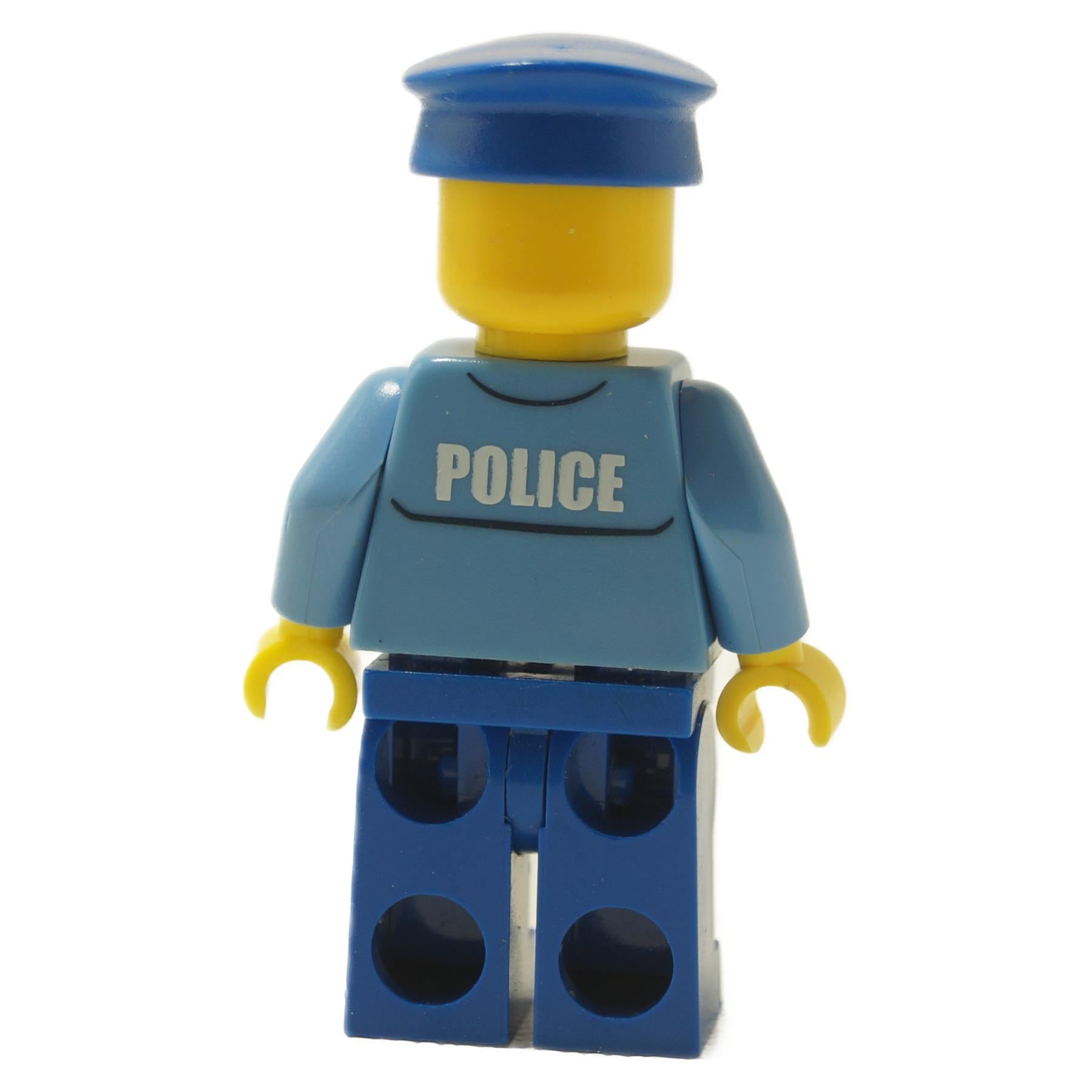 Police officer minifigure wearing a City uniform shirt with a police printed shirt ,back profile view.