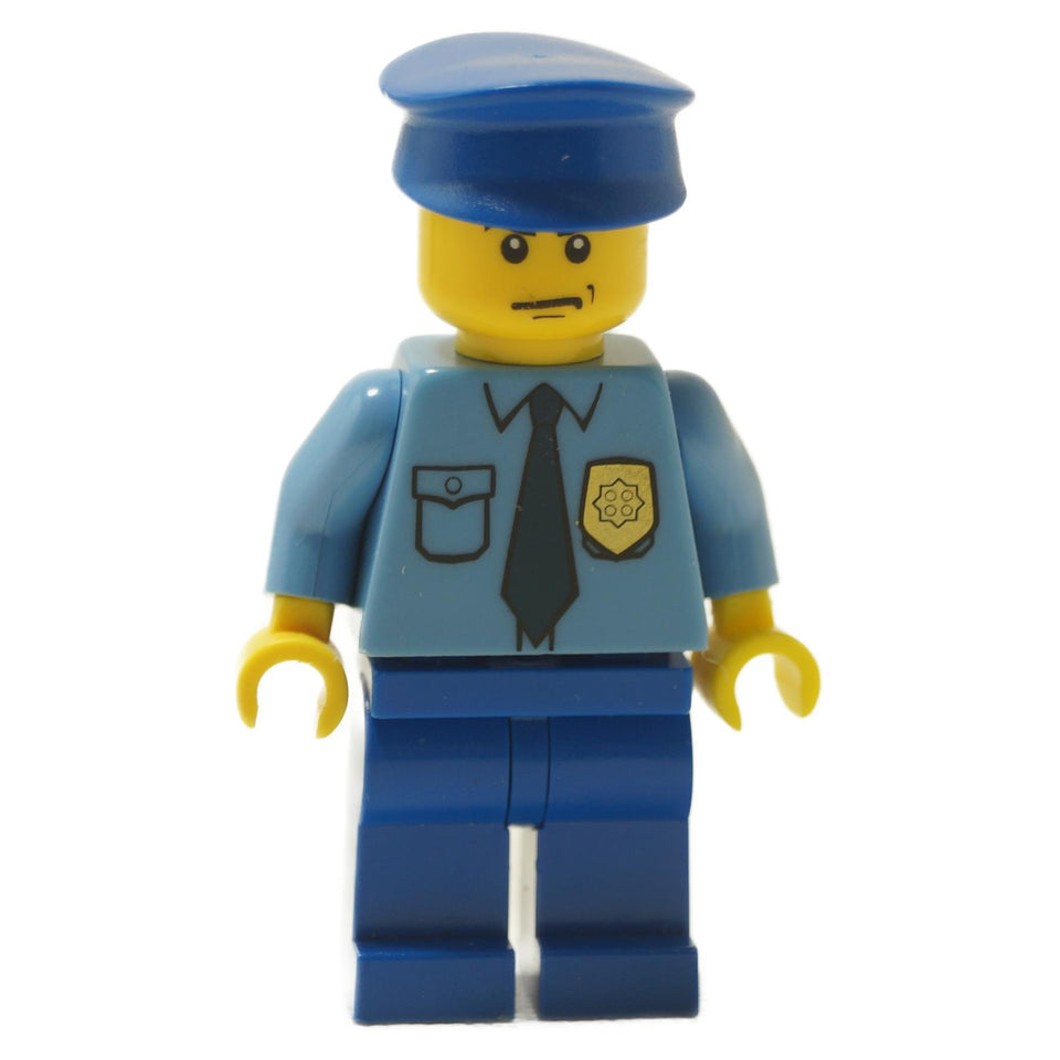 Police officer minifigure wearing a City uniform shirt with a scowling facial expression
