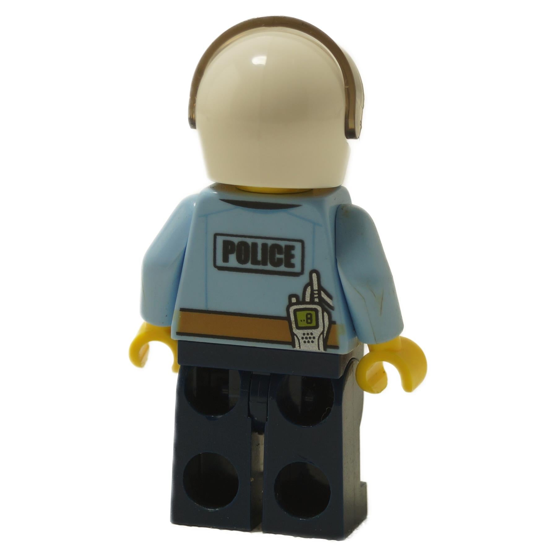 Back view of LEGO Police Officer minifigure showing "POLICE" printed text and walkie-talkie graphic.
