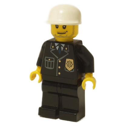 LEGO City Police Officer minifigure (cty0204) with a smirk and stubble beard, wearing a black police suit with a gold badge and a white short-billed cap.