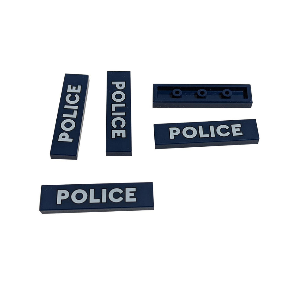 深藍色 磁磚 1 x 4，帶有 白色的 'POLICE' 和 黑色 輪廓圖案